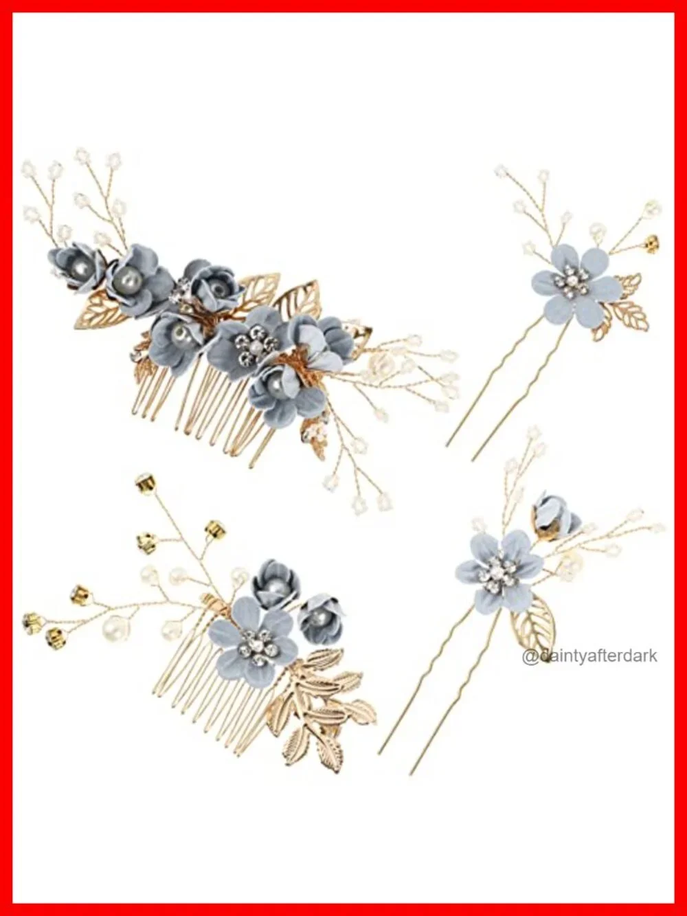 Handmade Wedding Hair Comb Set of 4 Metal Pearl Floral Leaf Hair Clips
